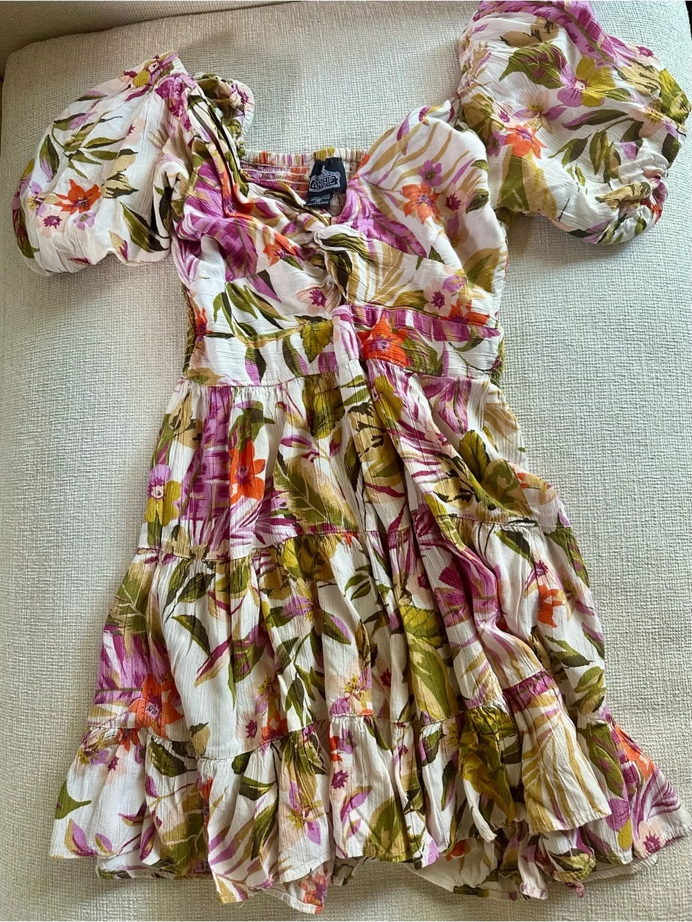 Angie Dresses | Angie Womens Floral Boho Puff-Sleeve Cutout Tiered Mini Dress In Pink & Olive | Color: Green/Pink | Size: M | Landoverg's Closet